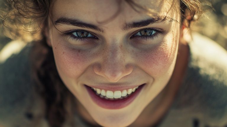 Ung kvinne med et stort smil og glitrende øyne, ser glad ut i naturlig lys