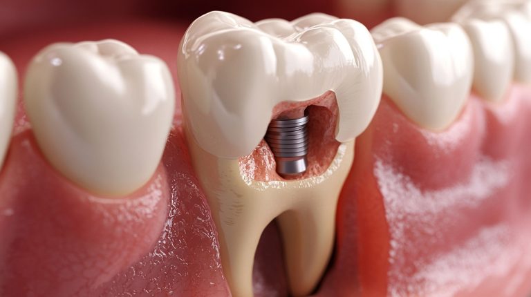 Bildet viser en tann med en synlig hulrom inni, der en metallisk tannimplantat (rotfylling) er plassert. Det indre av tannen er delvis fjernet for å vise implantatet, som erstatter den skadede roten. Tannen er omgitt av sunt tannkjøtt, og den ytre kronen ser helt naturlig ut. Dette er en illustrasjon av en rotfyllingsprosess eller en tannimplantatprosedyrer for å behandle en infisert eller skadet tannrot.