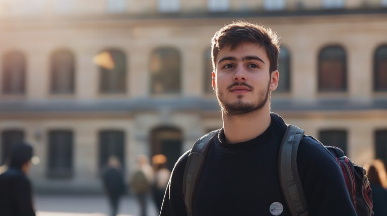 Student med mørkt hår og kort skjegg som står ute på en solrik dag.