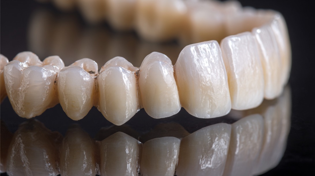 Tannbro i porselen plassert på modell av tannrekke