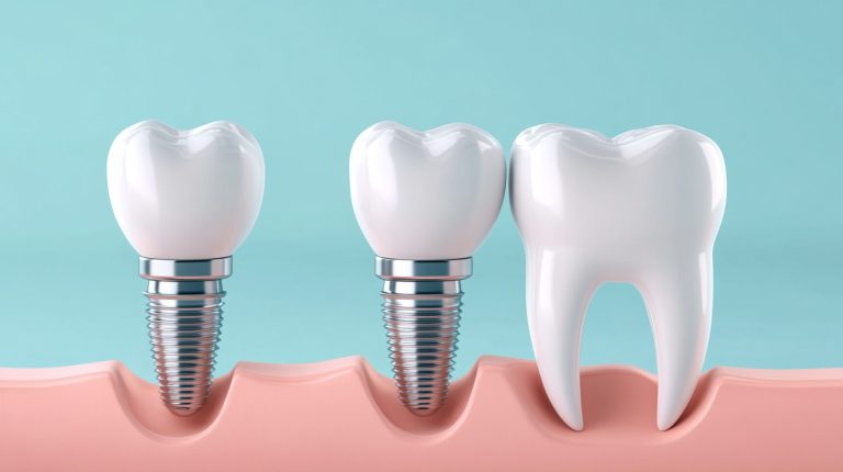 illustrasjon av to tannimplantater og en naturlig tann. De to implantatene er plassert i tannkjøttet, med en metallisk skrue som fungerer som roten til den kunstige tannen. Den kunstige kronen ser svært lik ut en naturlig tann, med en blank, hvit overflate.