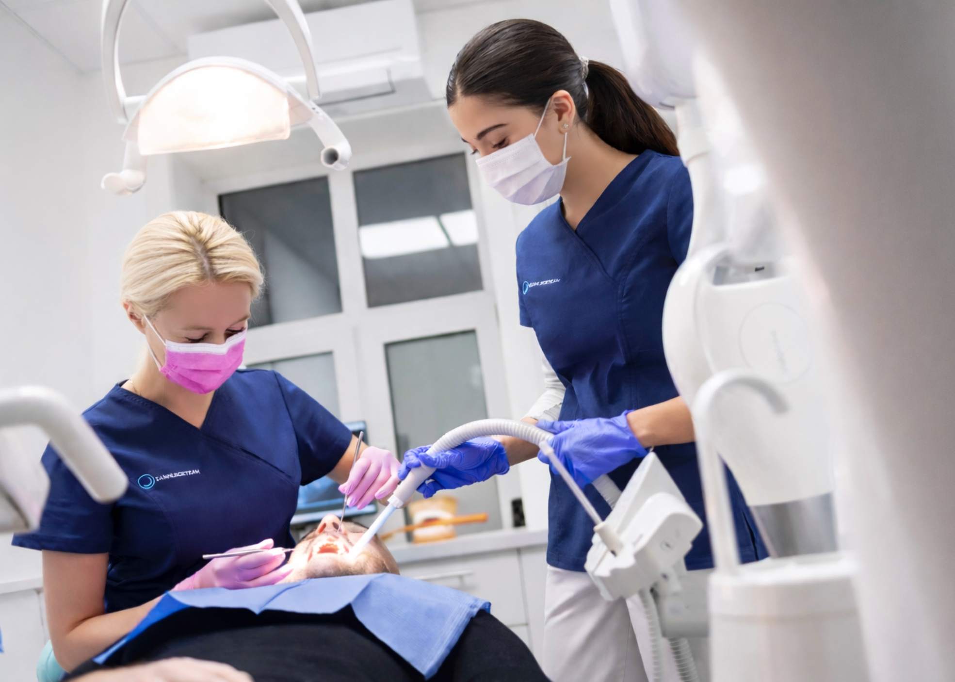 To tannleger behandler pasient i tannlegestol på klinikk