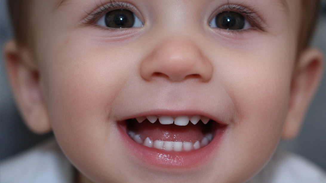 Baby som smiler og viser sine første melketenner
