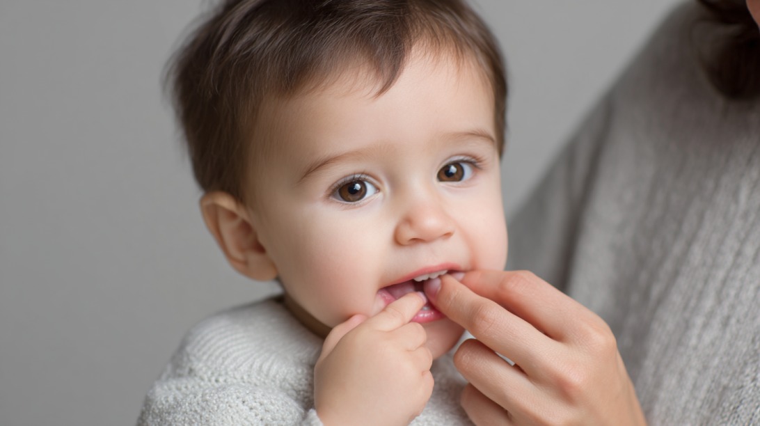 Baby får hjelp av voksen til å kjenne på nye tenner i munnen