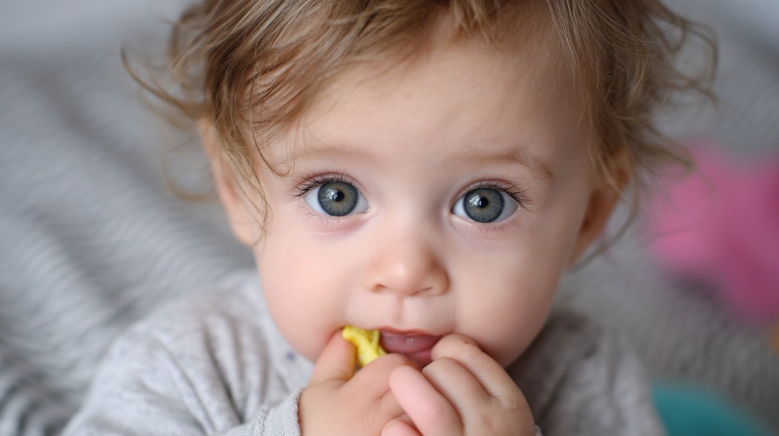Baby biter på leke under tannfrembrudd