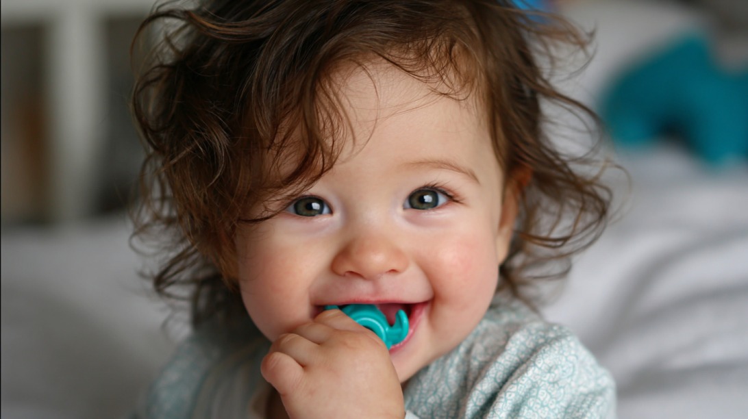 Smilende baby som biter på en bitering