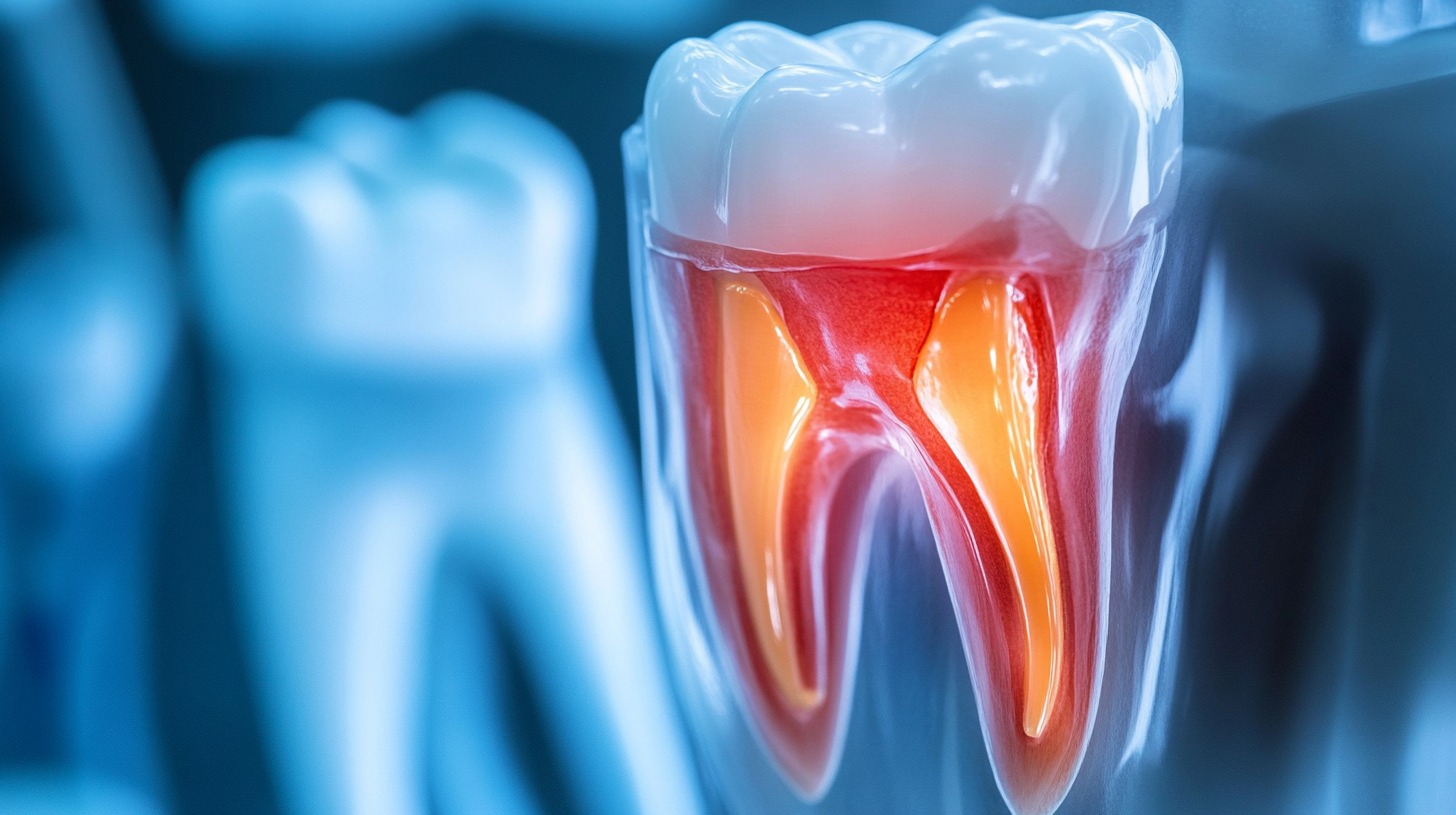 Bilde av en tann som viser en illustrasjon av tannens indre struktur, inkludert rot og nerver, fremhevet med rød og oransje farge