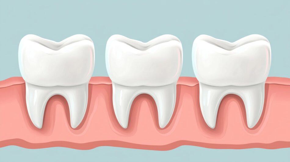Illustrasjon av tre tenner i tannkjøttet som viser en sunn tannstruktur
