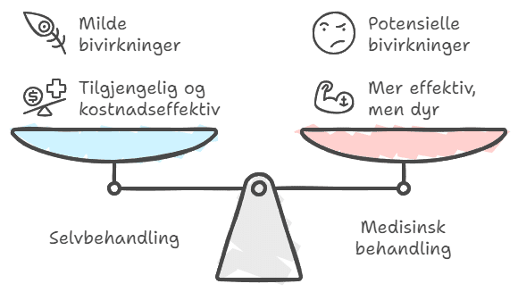 illustrasjon av en vektskål som viser forskjellene mellom selvbehandling og medisinsk behandling for munnskold. Selvbehandling er mild, tilgjengelig og kostnadseffektiv, mens medisinsk behandling kan være mer effektiv, men med potensielle bivirkninger og høyere kostnad
