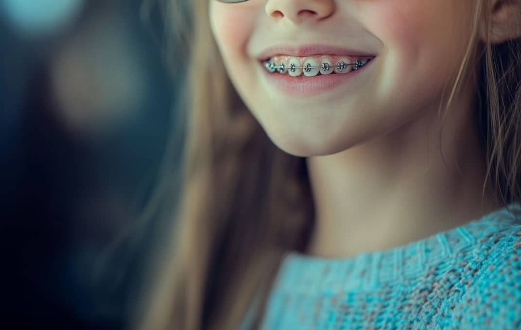 Et nærbilde av en ung person som smiler, med tradisjonell tannregulering med synlige metallklosser på tennene
