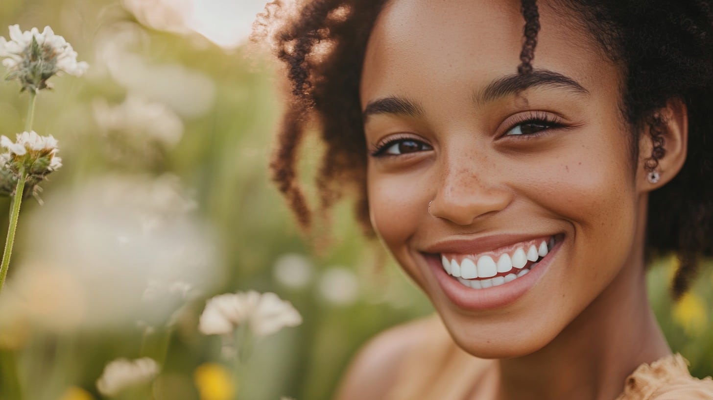 Nærbilde av en kvinne som smiler bredt ute i naturen, omgitt av blomster og grønt