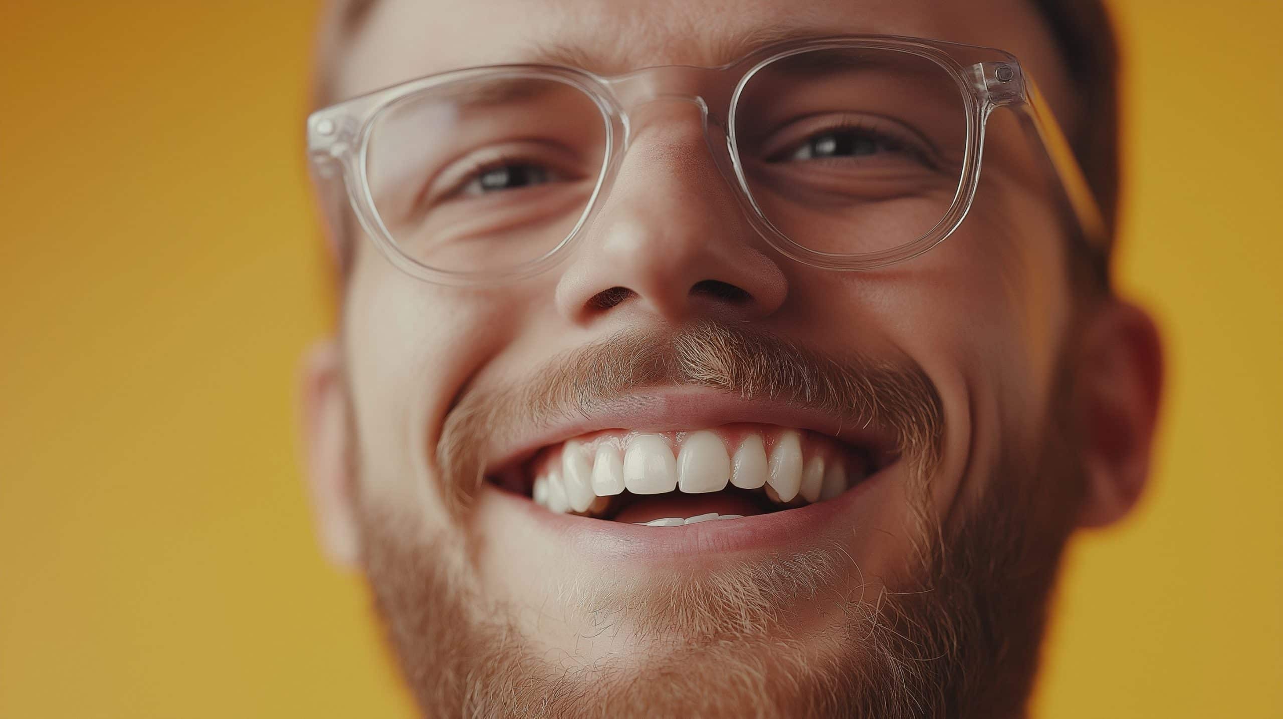 Nærbilde av en smilende mann med klare briller, skjegg og hvite tenner mot gul bakgrunn.