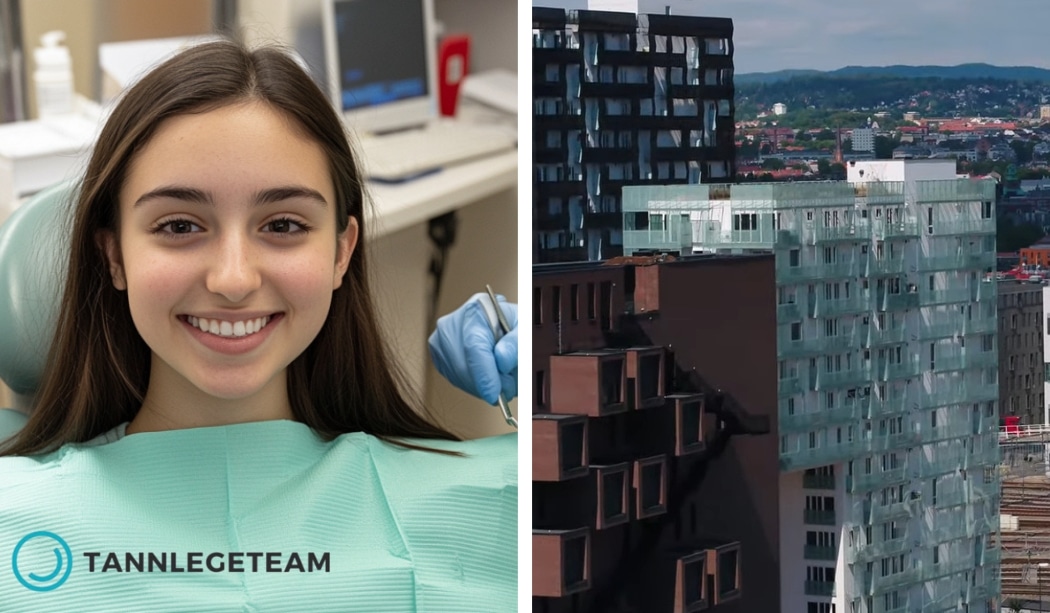 Smilende pasient hos Tannlegeteam og utsikt over moderne bygg i Barcode, Oslo