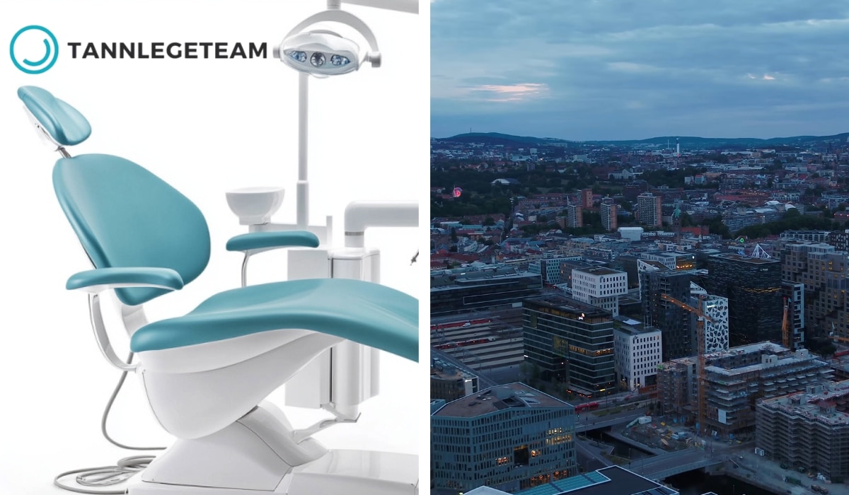 Tannlegestol ved siden av byutsikt over Oslo i skumringen
