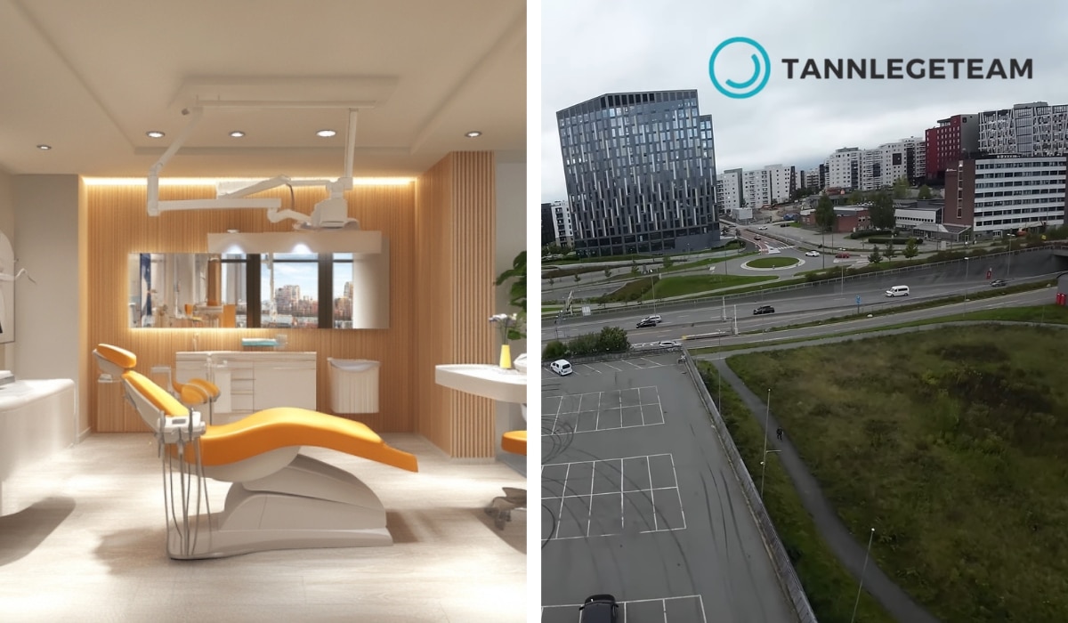 Delt bilde som viser et moderne tannlegekontor og utsikten over Økern med Tannlegeteam-logoen