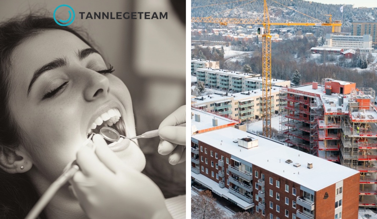 Kvinne får tannbehandling hos TannlegeTeam, og vinterbilde av boligblokker på Ammerud i Oslo