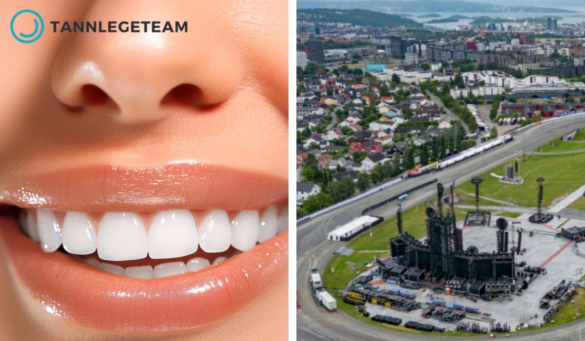 Delt bilde med nærbilde av smilende tenner og oversiktsbilde av Bjerke Travbane i Oslo