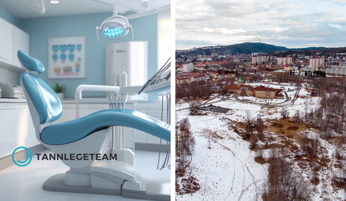 Tannlegestol i klinikk og oversiktsbilde av Bredtvet i vinterlandskap