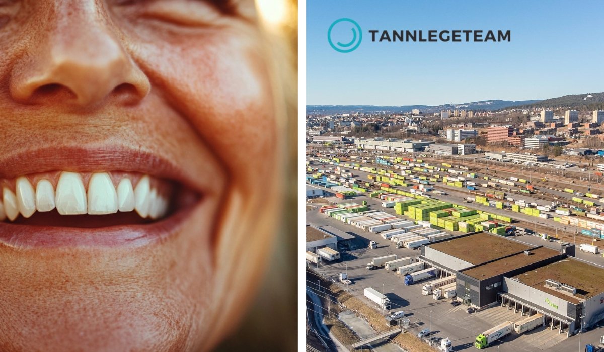 Delt bilde av smilende voksen person med sunne tenner og oversiktsbilde av industrifelt og logistikksenter på Brobekk, Oslo