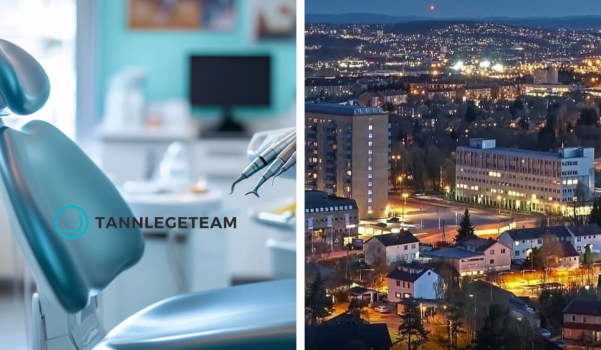 Tannlegestol i klinikk og kveldspanorama av Grorud-området i Oslo