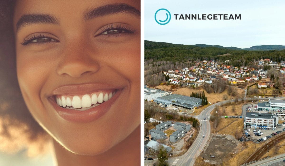Delt bilde av smilende kvinne med sunne tenner og dronefoto av Rødtvet-området med boliger og skog i bakgrunnen