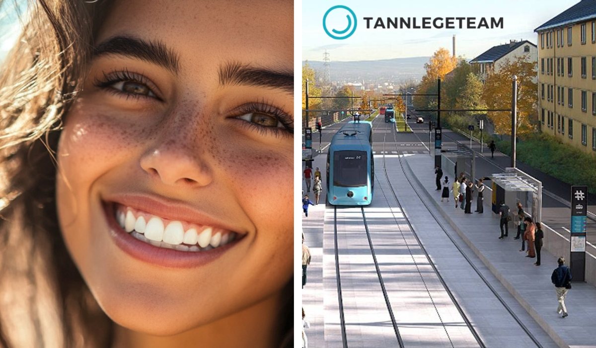 Delt bilde av en smilende kvinne med sunne tenner og et trikkeholdeplass i urbant miljø med TannlegeTeam-logo