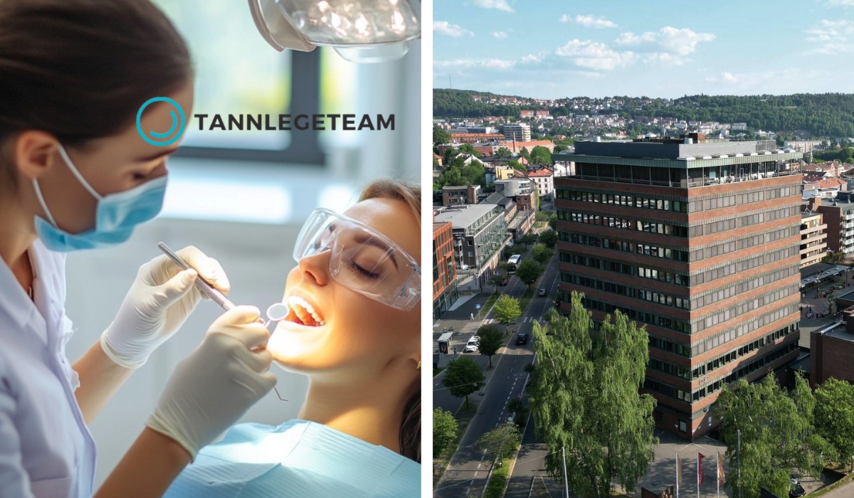 Tannlege behandler pasient i klinikk og bilde av Tøyen Senter i Oslo på en solrik dag