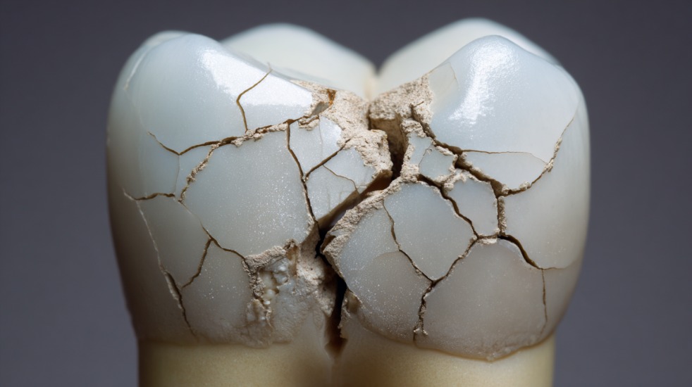 En tann med store sprekker og brudd i emaljen vist i detaljert nærbilde