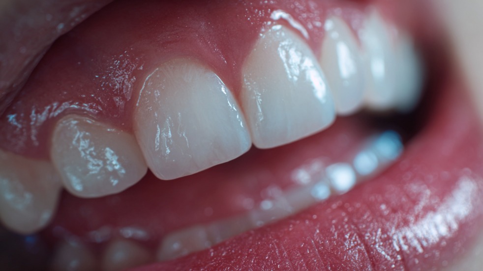 Nærbilde av munn med tenner og rødt, hovent tannkjøtt som kan tyde på betennelse