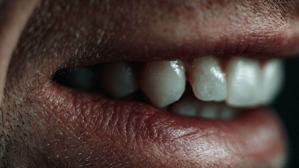 Nærbilde av en persons munn som viser en løs eller delvis manglende tann i tannrekken