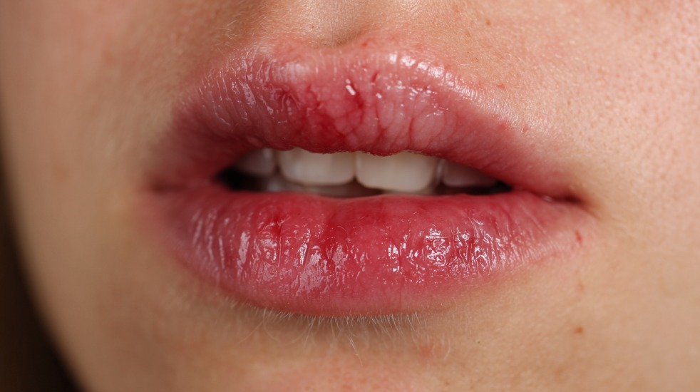 Nærbilde av lepper med små sår og rødhet som tyder på munnsår eller irritasjon