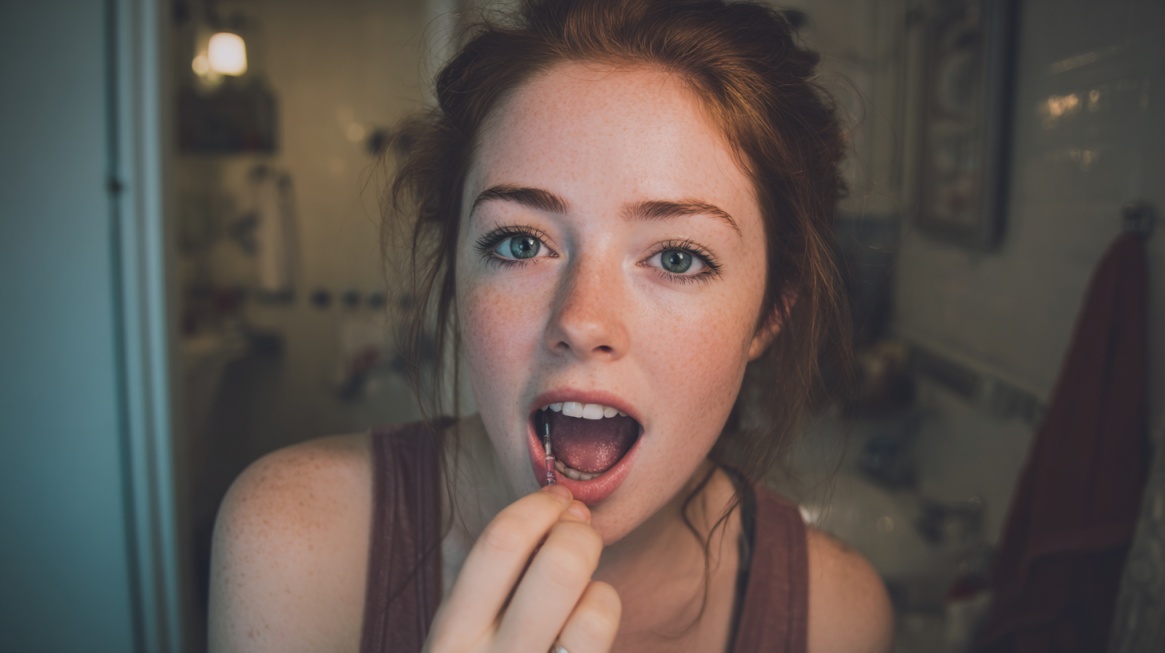 Kvinne holder en spiss gjenstand mot munnen