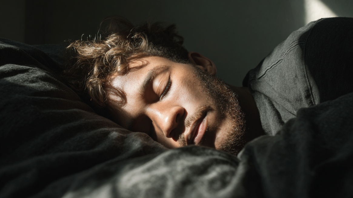 Mann sover på siden i mørkt rom