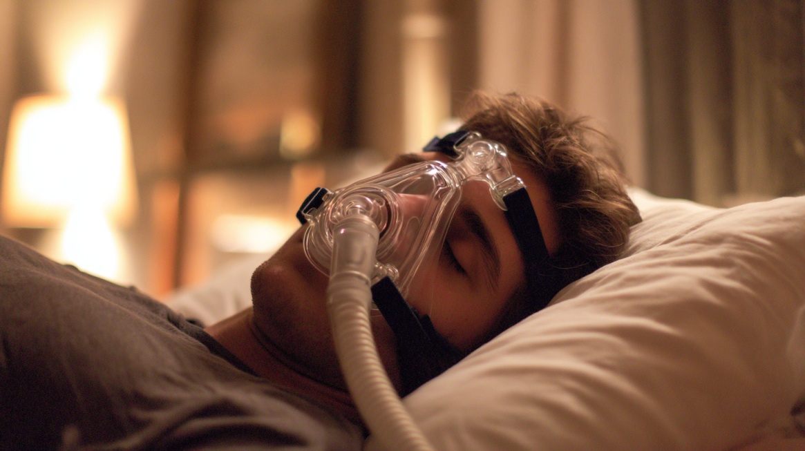 Mann sover med CPAP-maske i sengen om natten