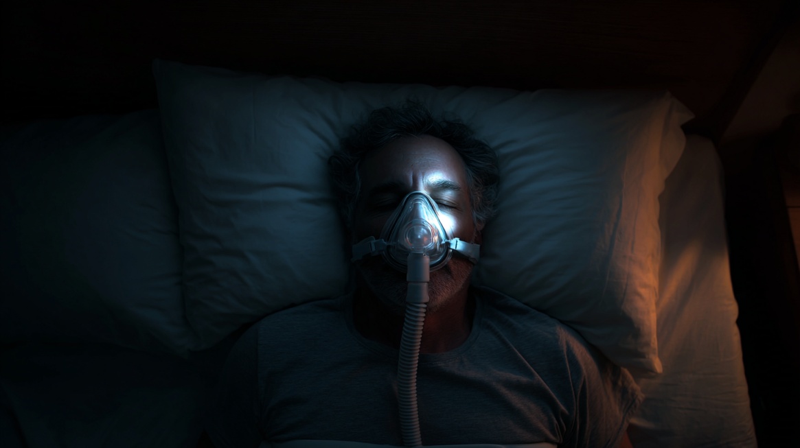 Mann sover med CPAP-maske koblet til pustemaskin om natten