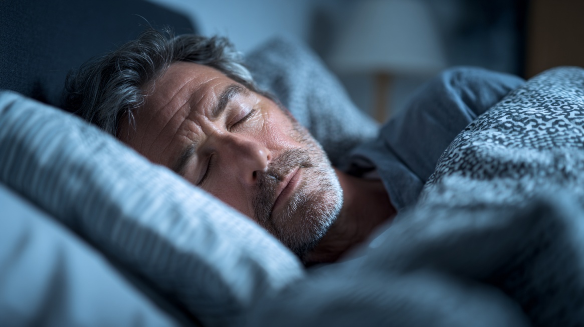 Eldre mann sover i sengen om natten