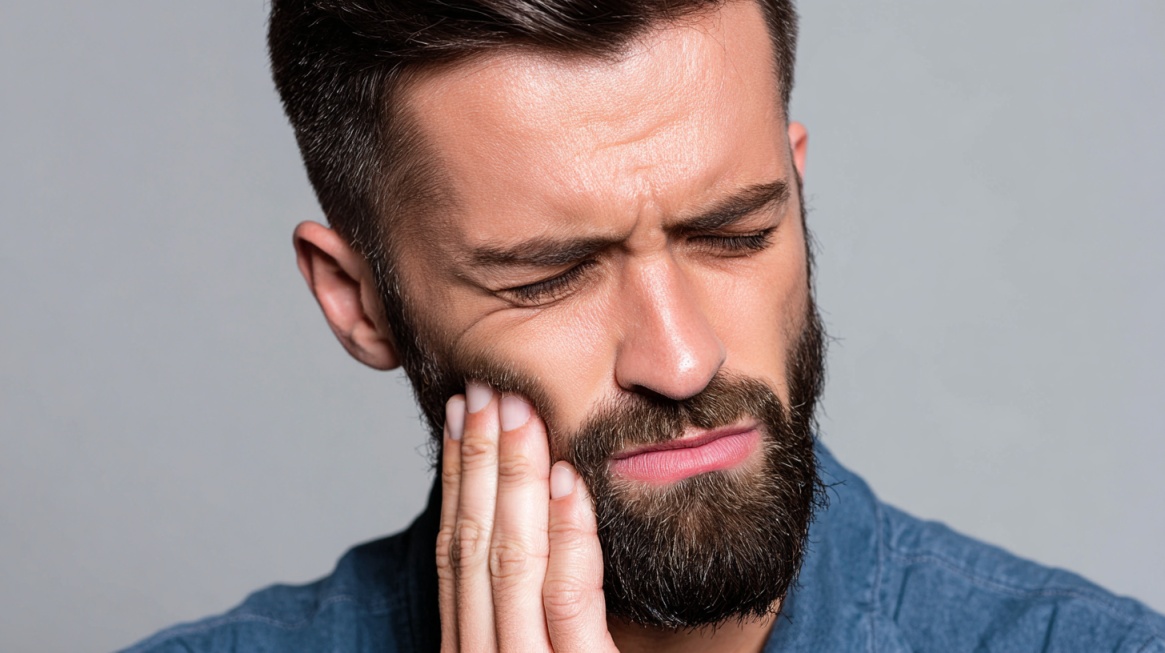 Mann holder seg på kinnet med smerteuttrykk