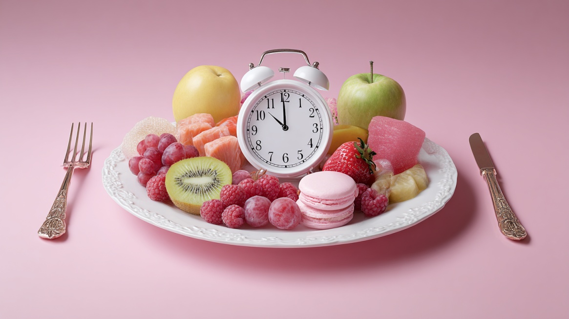 Tallerken med frukt og klokke som illustrerer riktig tidspunkt og matvalg