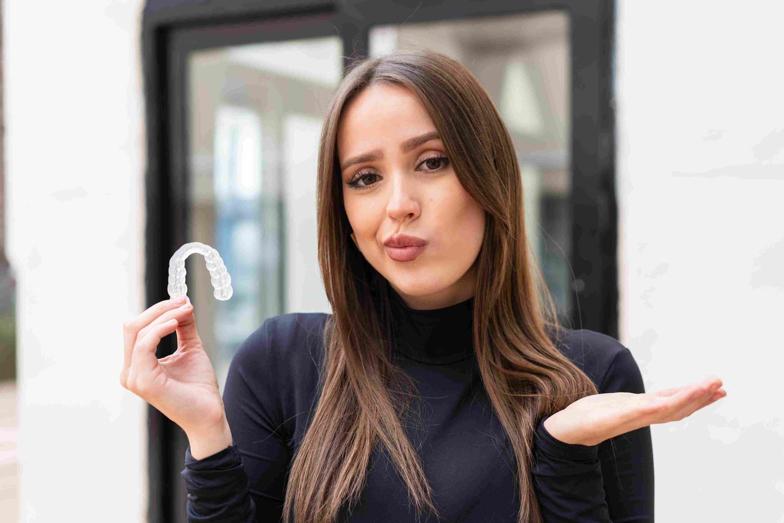 Kvinne holder en Invisalign-skinne og viser usikkerhet rundt ubehag ved behandlingen