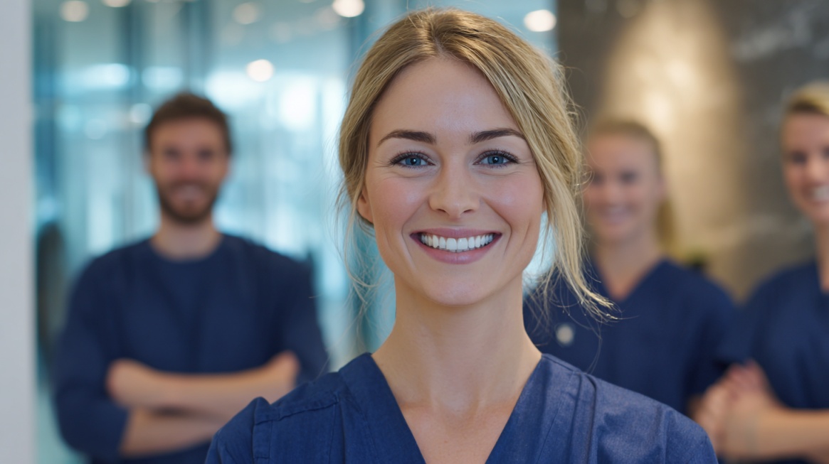 Smilende tannhelseteam i klinikkmiljø