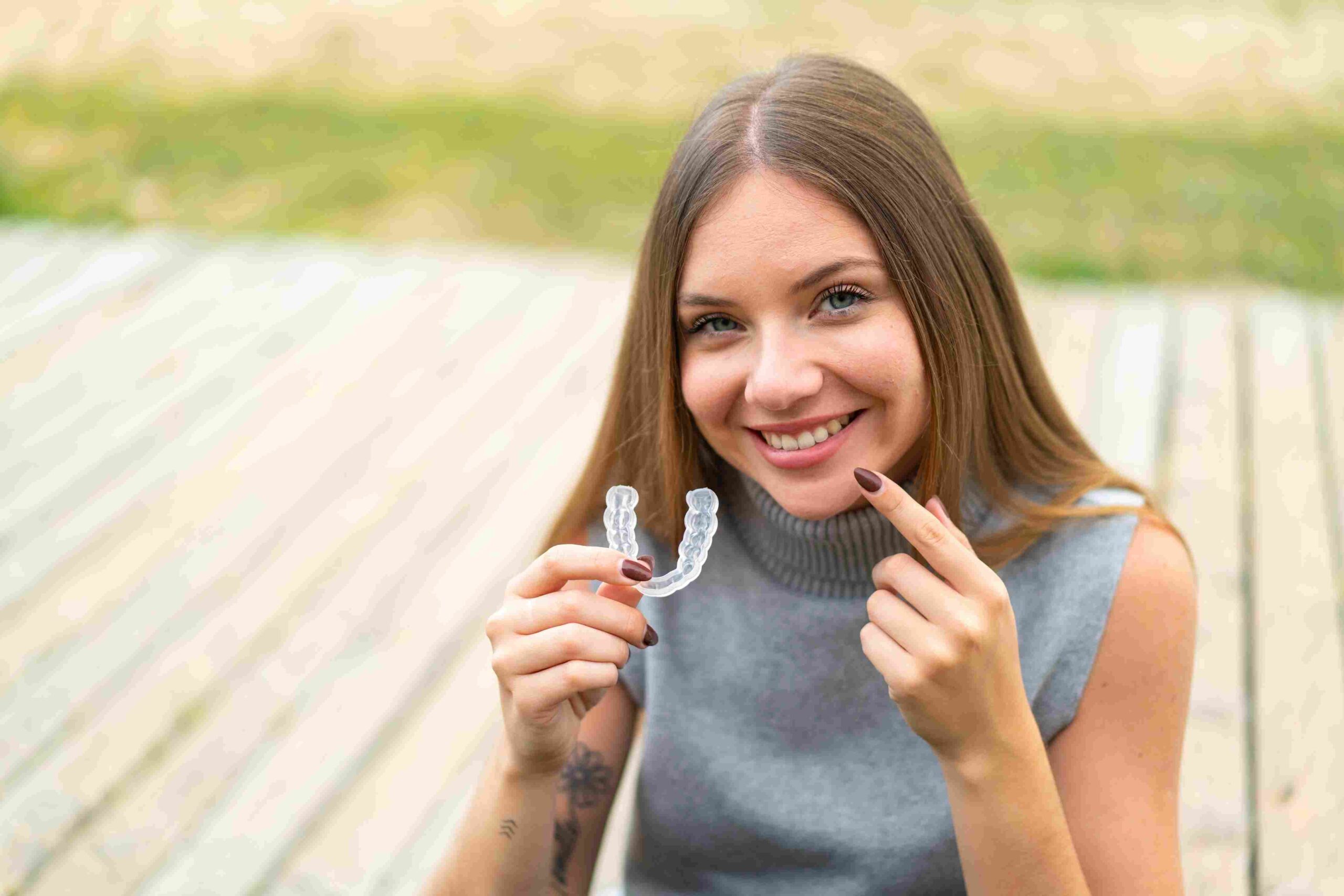 Ung kvinne holder Invisalign-skinne og peker på tennene sine