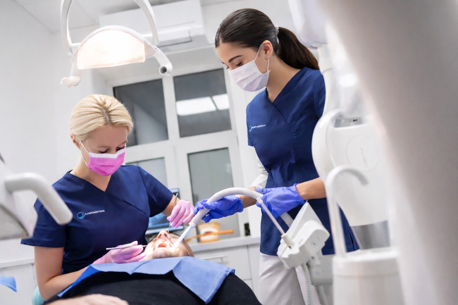 Tannlegeteam behandler en pasient med moderne utstyr på en tannklinikk.